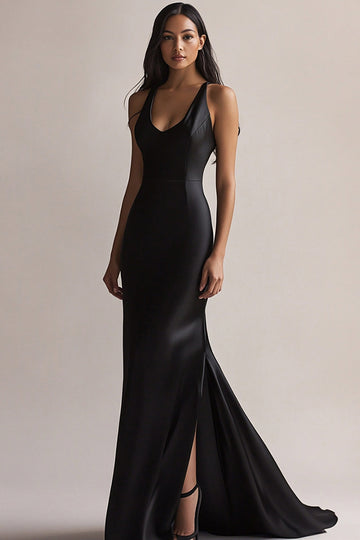Black Scoop Neck Mermaid Evening Dress with Slit